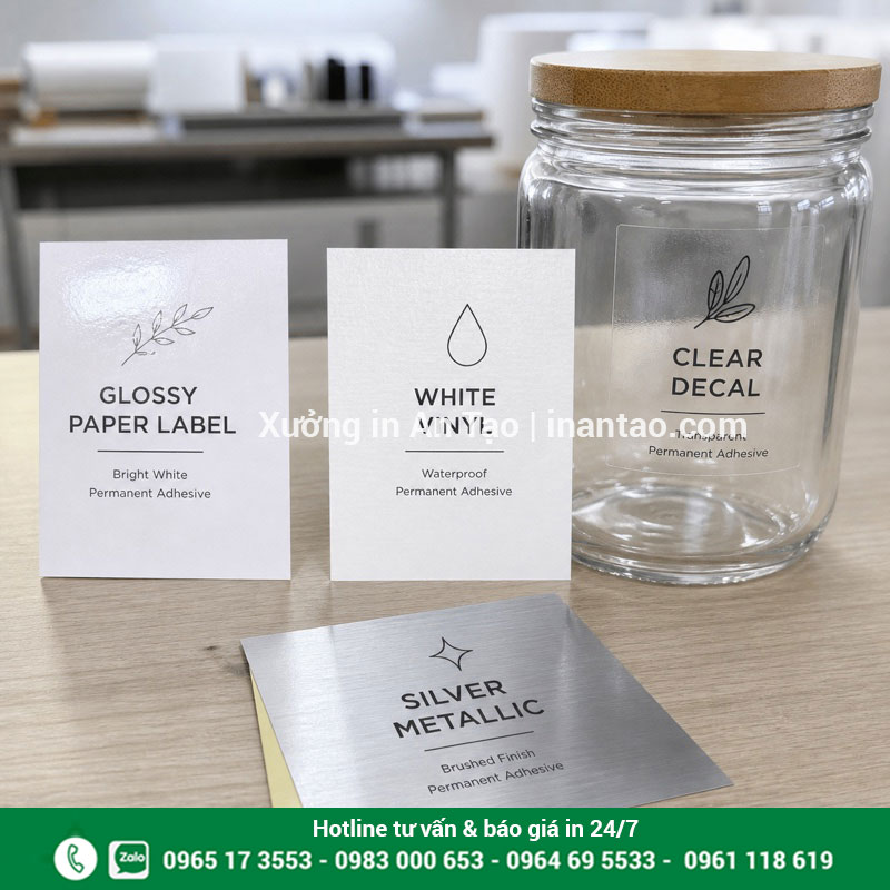 Các chất liệu in decal phổ biến So sánh decal giấy bóng, nhựa sữa, decal trong và decal xi bạc