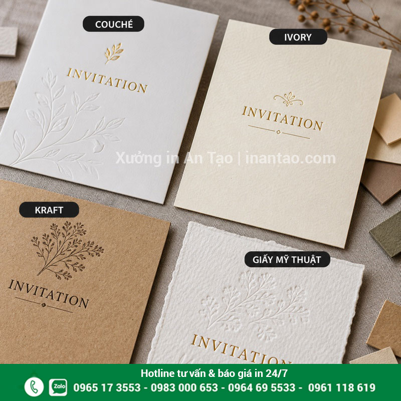 Chất liệu giấy in thiệp mời sự kiện phổ biến So sánh giấy Couche Ivory Kraft và giấy mỹ thuật để in thiệp mời sự kiện