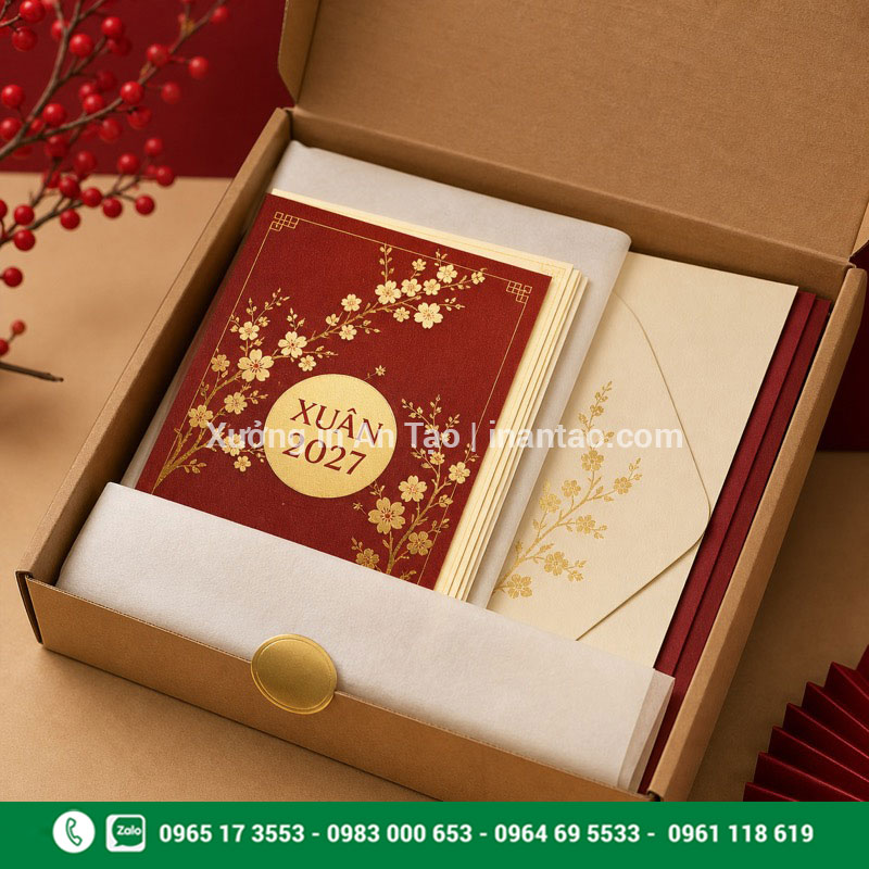 Bộ thiệp chúc Tết đẹp hoàn thiện sẵn sàng giao hàng Đóng gói thiệp chúc Tết đẹp cùng phong bì đồng bộ