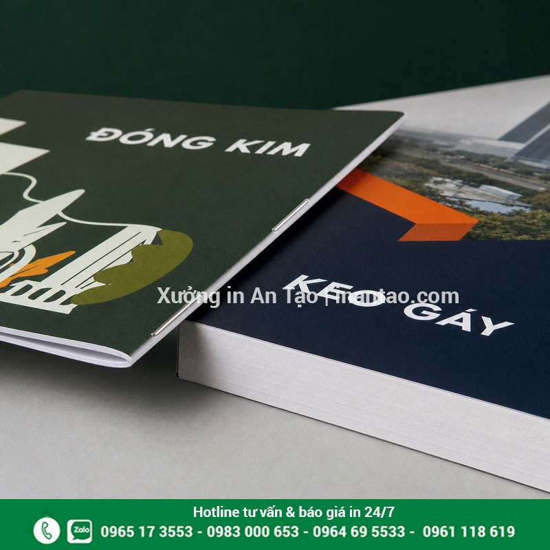 Kiểu đóng cuốn khi in tạp chí Mẫu tạp chí đóng kim giữa và keo gáy vuông thành phẩm