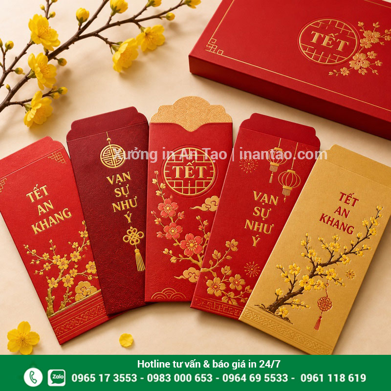 In bao lì xì đẹp theo yêu cầu tại baobiantao.com Mẫu in bao lì xì hoàn thiện màu đỏ vàng sang trọng