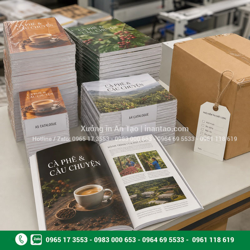 In catalogue thành phẩm sẵn sàng giao hàng In catalogue thành phẩm được kiểm tra và đóng gói giao hàng