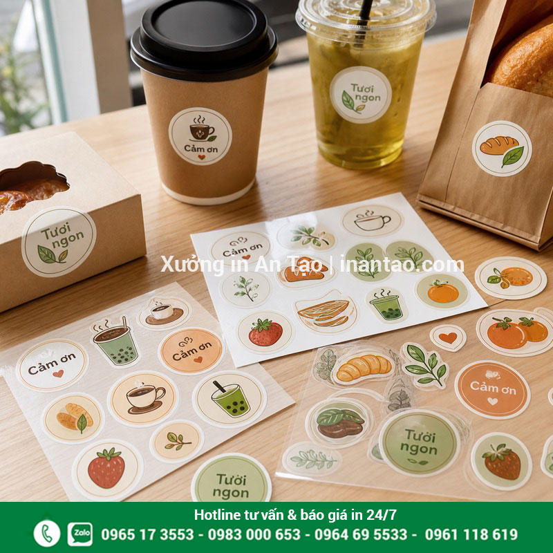In decal sticker theo hình cho quán ăn và đồ uống In decal sticker dán ly, hộp bánh và túi thực phẩm