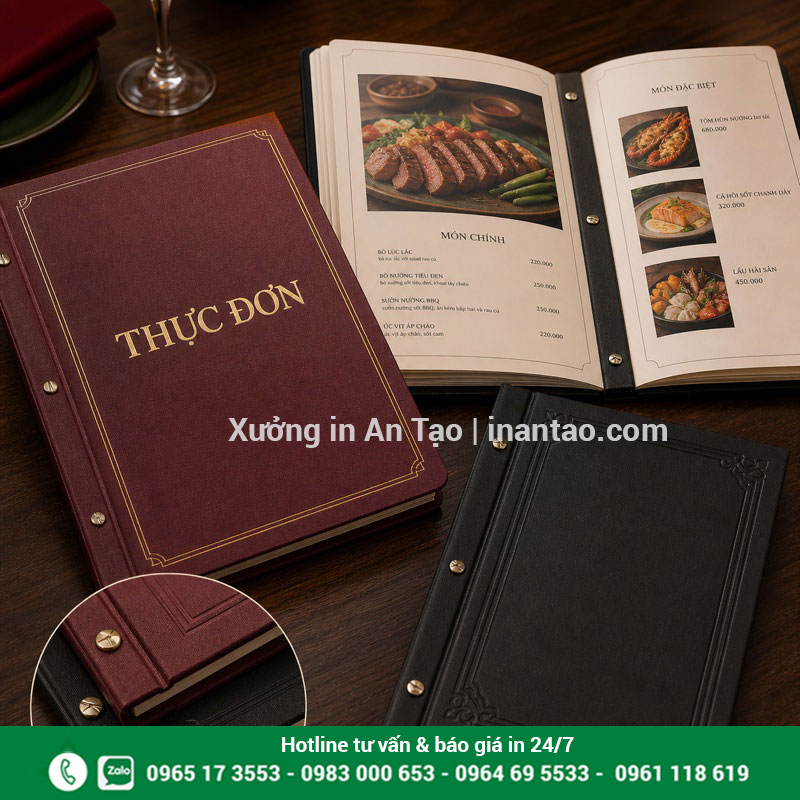 In menu cao cấp cho nhà hàng sang trọng Mẫu in menu cao cấp ép kim và dập chìm