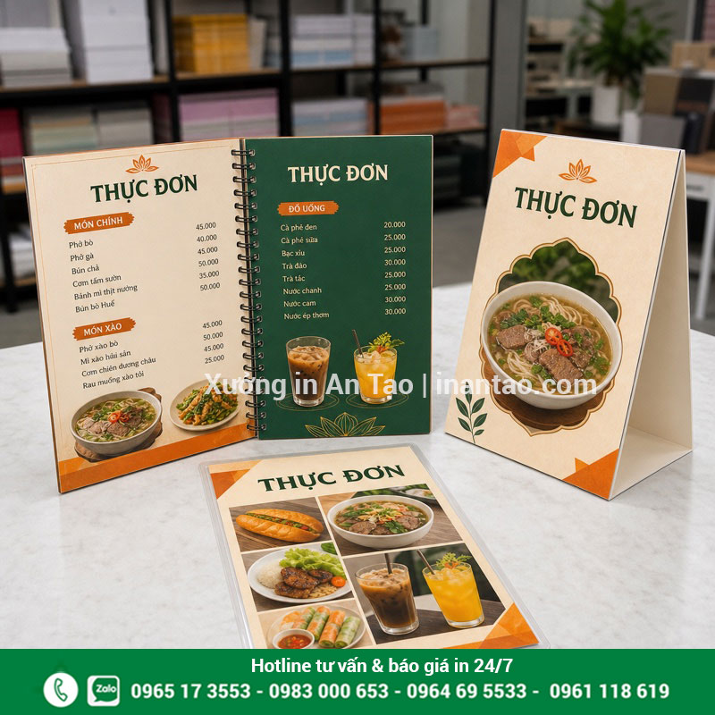 In menu rẻ đẹp với nhiều kiểu thành phẩm Các mẫu in menu rẻ đẹp dạng lò xo, để bàn và tờ cán màng