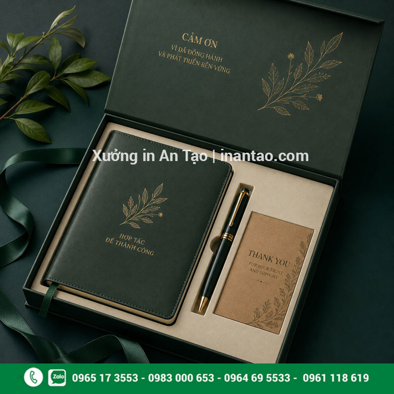 In sổ tay quà tặng doanh nghiệp cao cấp Bộ in sổ tay quà tặng doanh nghiệp kèm bút và hộp