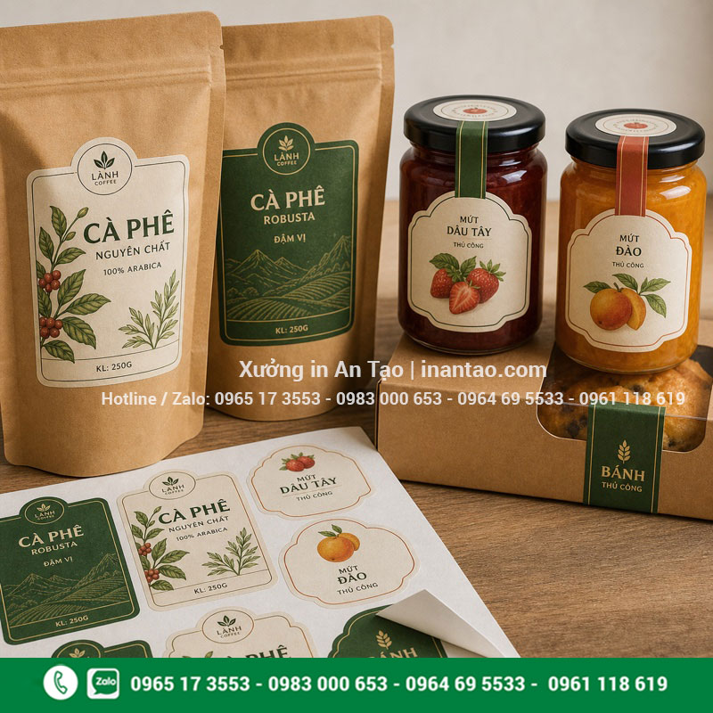 In tem nhãn decal giấy cho bao bì sản phẩm Tem nhãn decal giấy dán túi cà phê hũ mứt và hộp bánh