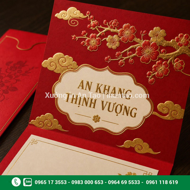 Cận cảnh gia công ép kim thiệp chúc Tết In thiệp chúc Tết ép kim vàng và dập nổi trên giấy đỏ
