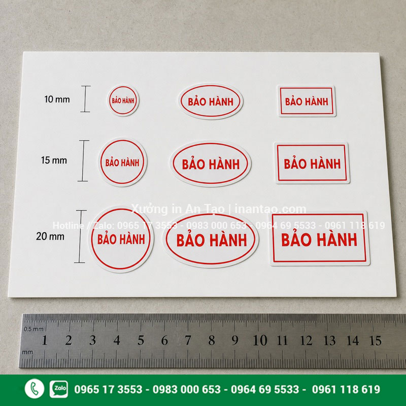 Kích thước in tem bảo hành theo yêu cầu Mẫu kích thước tem bảo hành tròn oval và chữ nhật