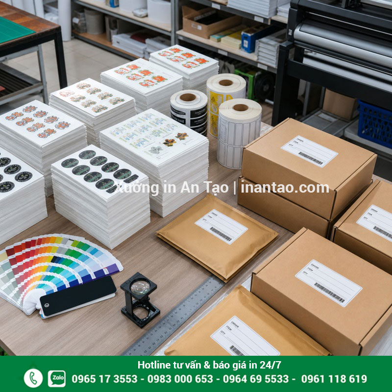 Kiểm tra chất lượng decal trước khi giao Kiểm tra màu, kích thước và đóng gói decal thành phẩm