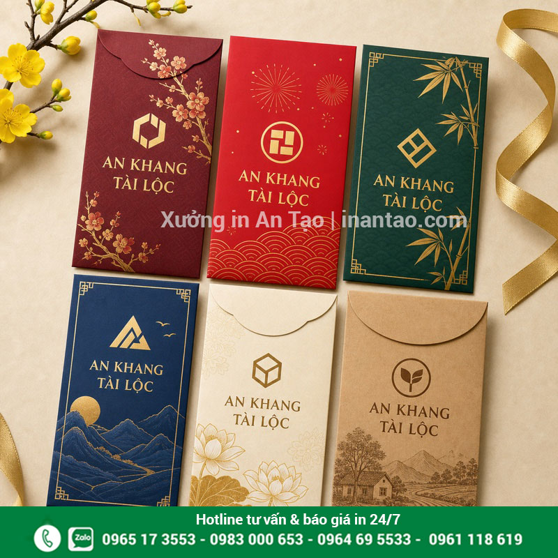 Mẫu in bao lì xì theo yêu cầu đa dạng màu sắc Nhiều mẫu in bao lì xì theo yêu cầu cho doanh nghiệp