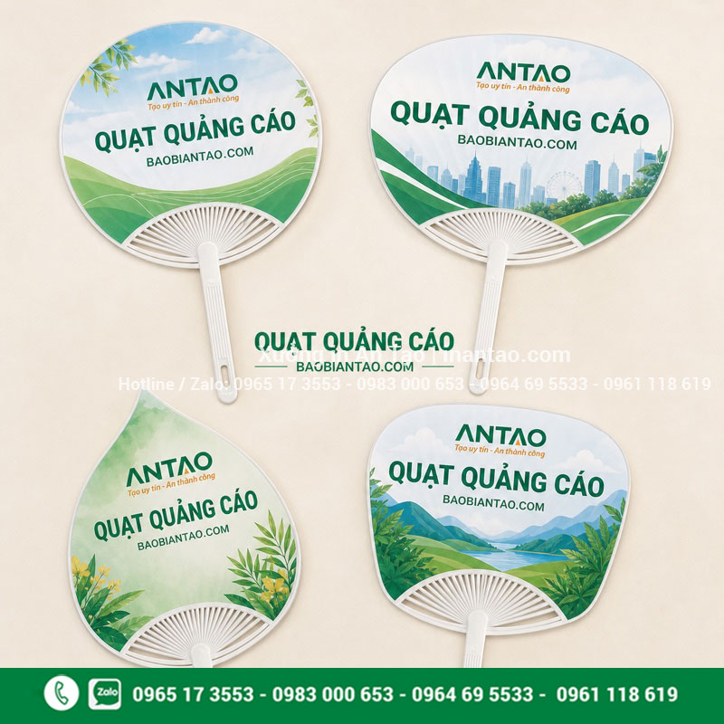 Các kiểu in quạt nhựa cầm tay theo yêu cầu Mẫu in quạt nhựa cầm tay dạng tròn, bầu dục, vuông bo góc và hình lá