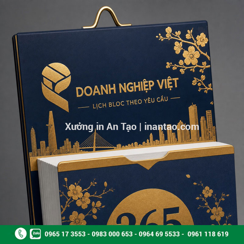 Mẫu lịch bloc theo yêu cầu cho doanh nghiệp Mẫu lịch bloc doanh nghiệp màu xanh navy ép kim vàng