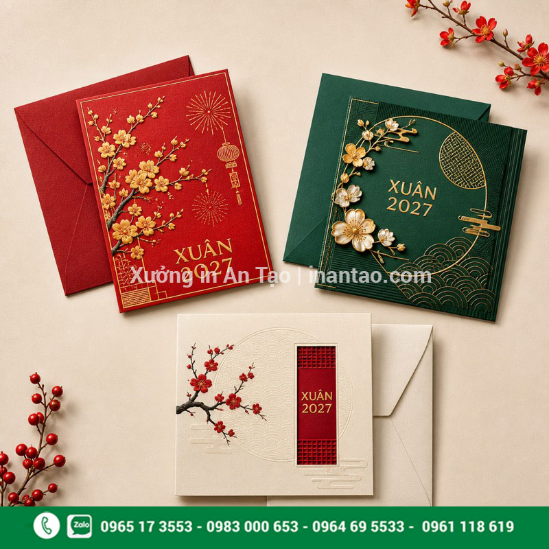 Mẫu thiệp chúc mừng năm mới 2027 theo nhiều phong cách Ba mẫu thiệp chúc Tết đẹp phong cách đỏ xanh và tối giản