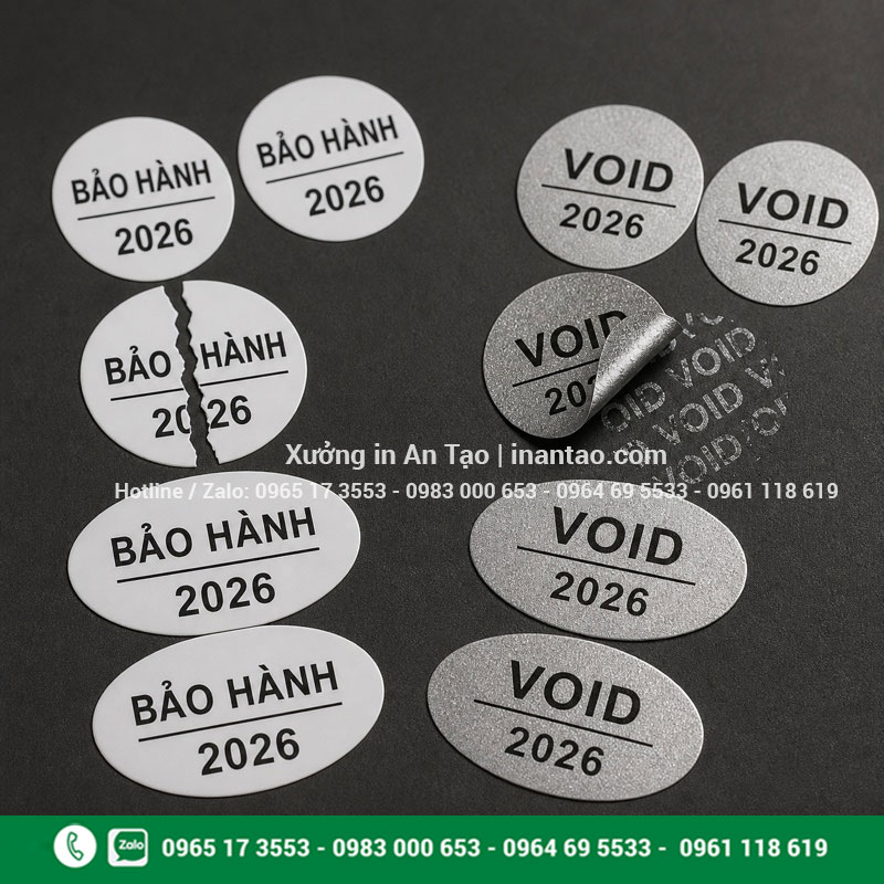 In tem bảo hành vỡ trên decal trắng và bạc So sánh tem bảo hành vỡ màu trắng và tem bạc để lại dấu