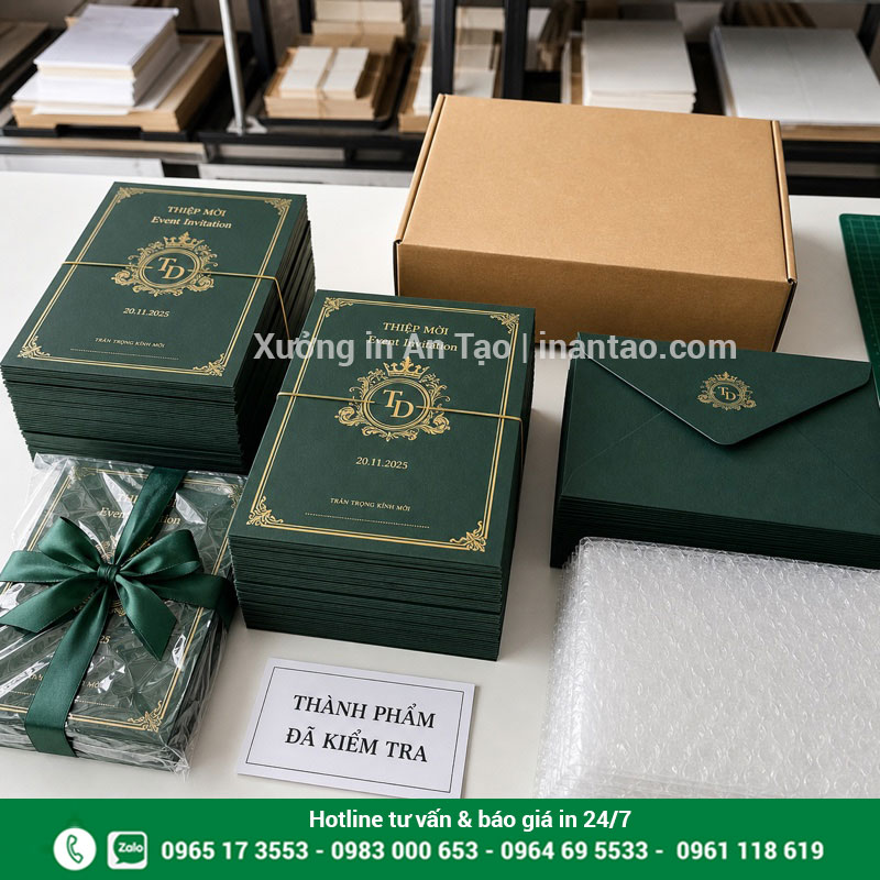Thành phẩm in thiệp mời sự kiện sẵn sàng giao Thành phẩm thiệp mời sự kiện và phong bì được kiểm tra đóng gói