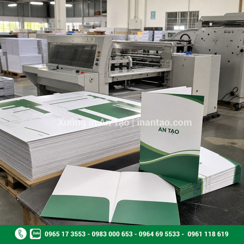 Xưởng in folder HCM của Bao Bì An Tạo Xưởng in folder hcm với máy bế cấn và folder thành phẩm