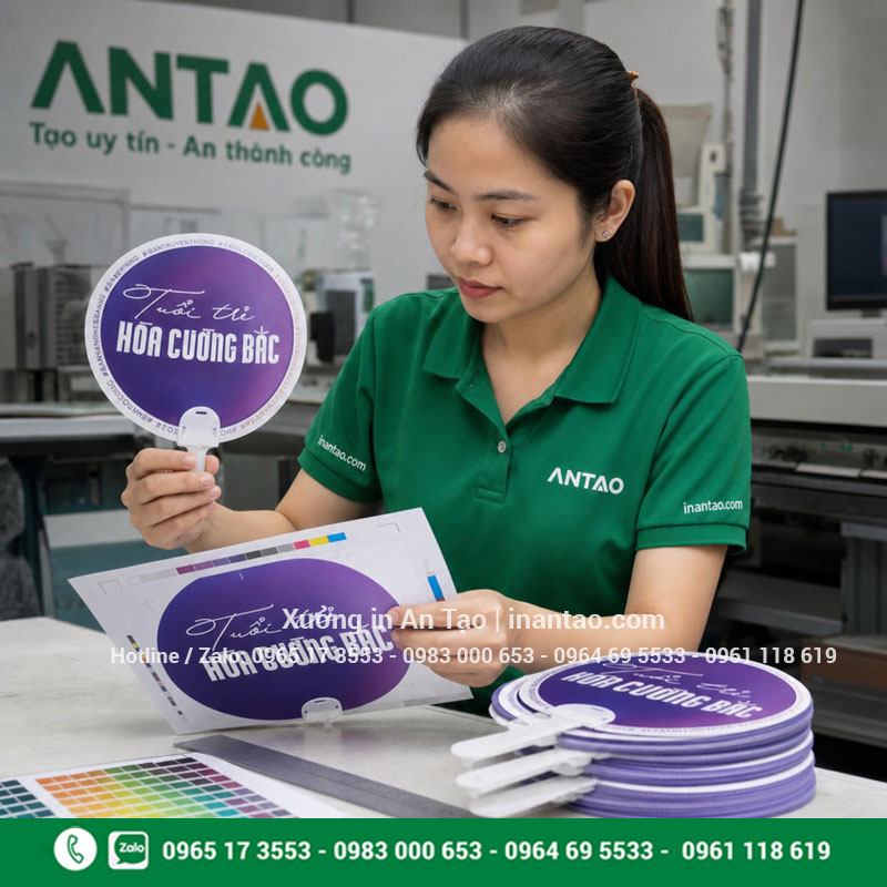 Kiểm màu quạt giấy in theo yêu cầu tại xưởng Nhân viên xưởng in quạt giấy kiểm tra màu thành phẩm