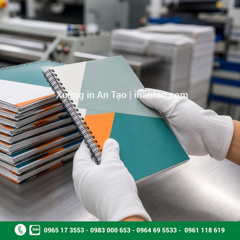 Kiểm tra thành phẩm tại xưởng in sổ tay Xưởng in sổ tay kiểm tra màu bìa và gáy lò xo