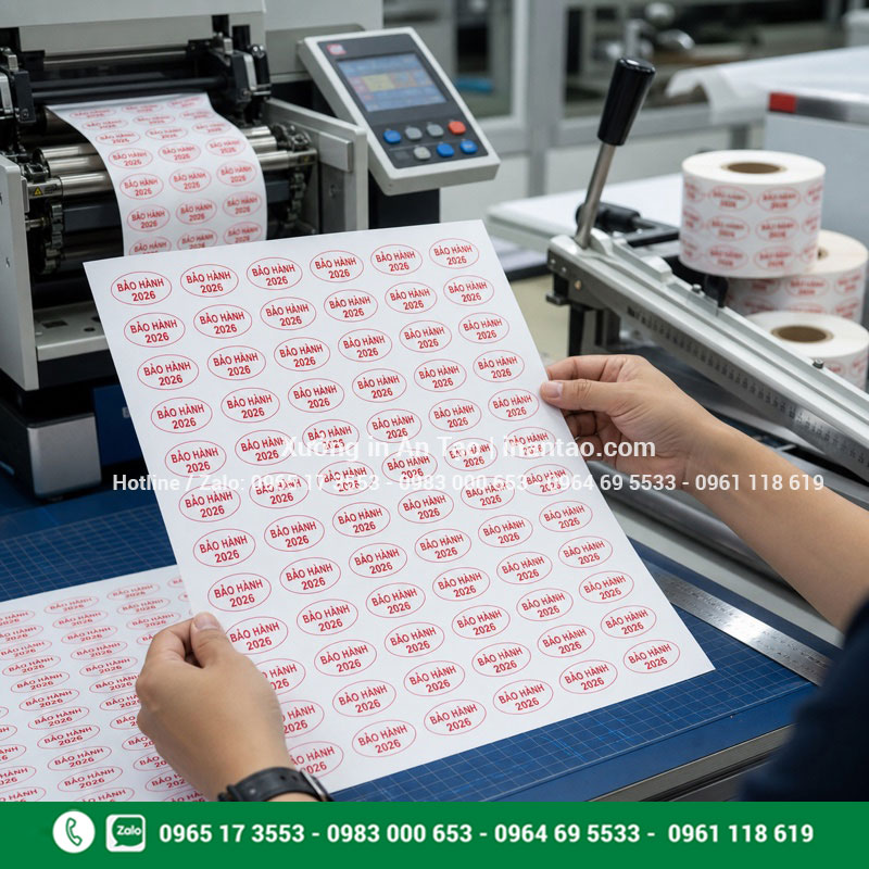 Xưởng in tem bảo hành theo yêu cầu Xưởng in tem bảo hành An Tạo kiểm tra tờ tem tại máy