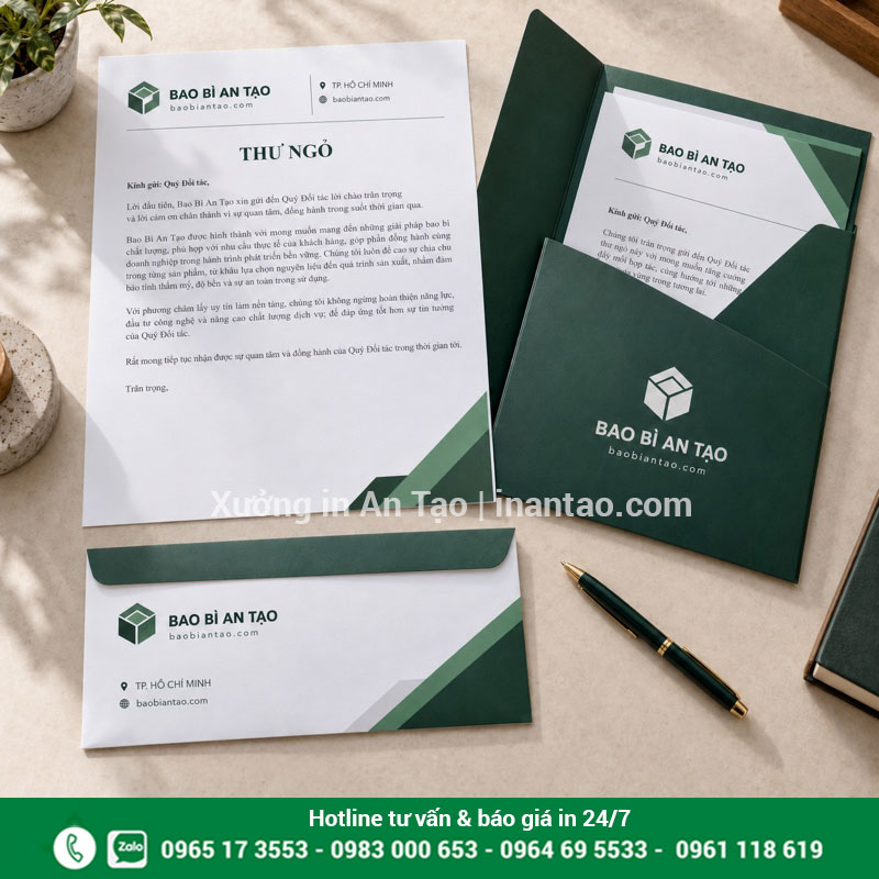 Bộ ấn phẩm văn phòng đồng bộ nhận diện Bộ tiêu đề thư, bao thư và folder cùng thiết kế Bao Bì An Tạo