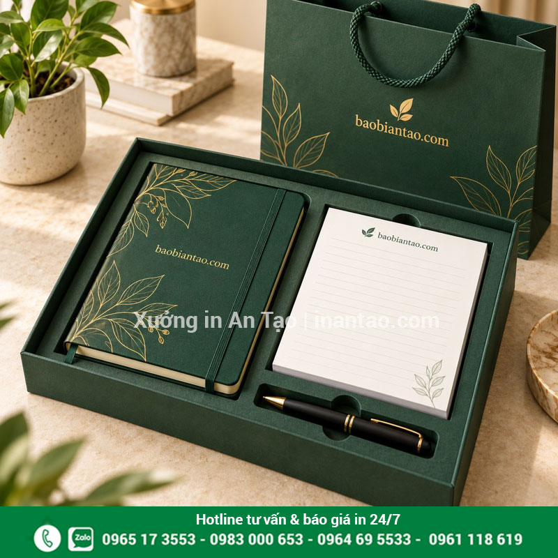 Bộ quà tặng sổ note và bao bì đồng bộ Bộ quà tặng gồm sổ note, bút, hộp và túi giấy màu xanh đồng bộ