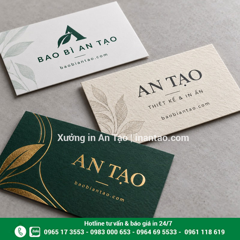Tham khảo chất liệu giấy và ép kim danh thiếp Ba mẫu danh thiếp minh họa giấy bề mặt mịn, giấy có vân và ép kim