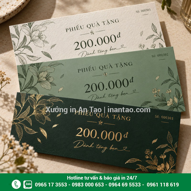 Chọn giấy và gia công bề mặt voucher Ba mẫu phiếu quà tặng thể hiện bề mặt giấy, cán mờ và chi tiết ánh kim