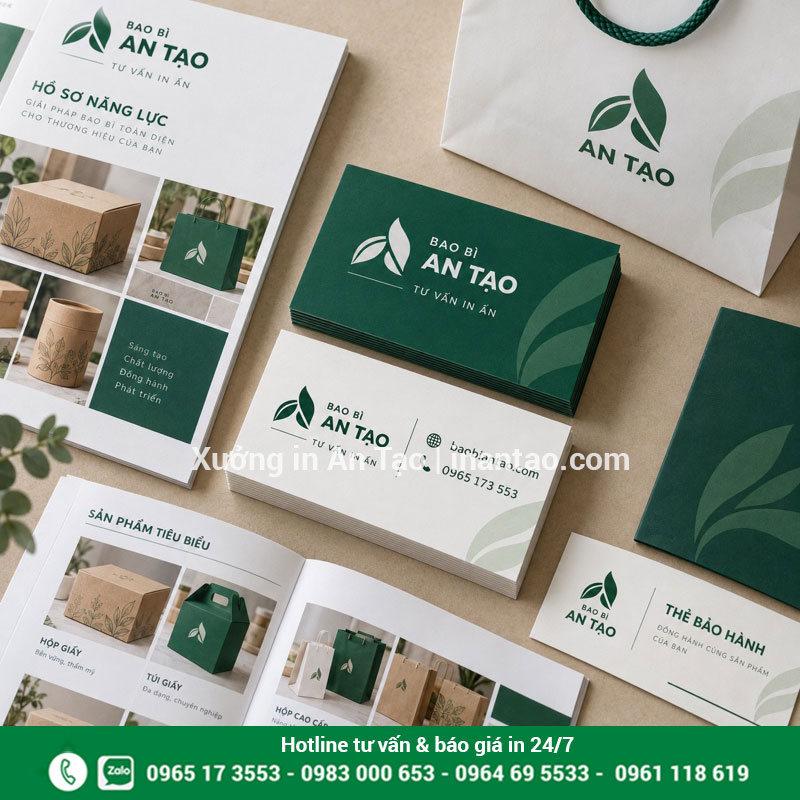 Danh thiếp trong bộ nhận diện thương hiệu Danh thiếp xanh trắng đồng bộ với profile, túi giấy và thẻ bảo hành