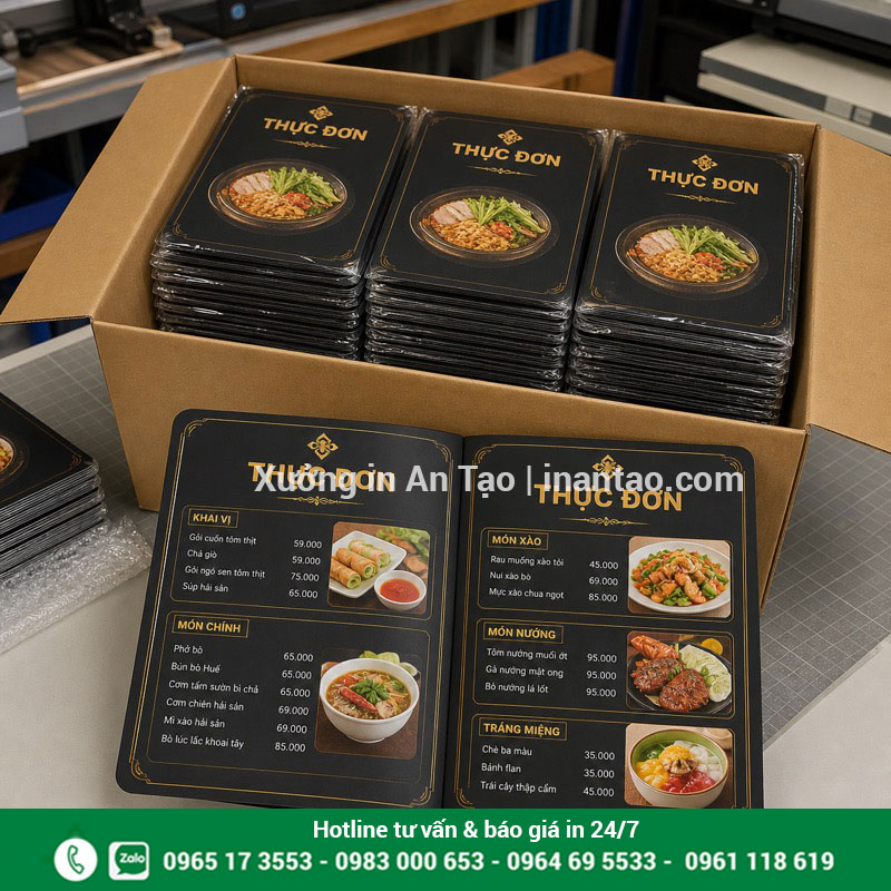 Menu nhựa thành phẩm đóng gói tại xưởng Đóng gói menu nhựa thành phẩm sẵn sàng giao khách