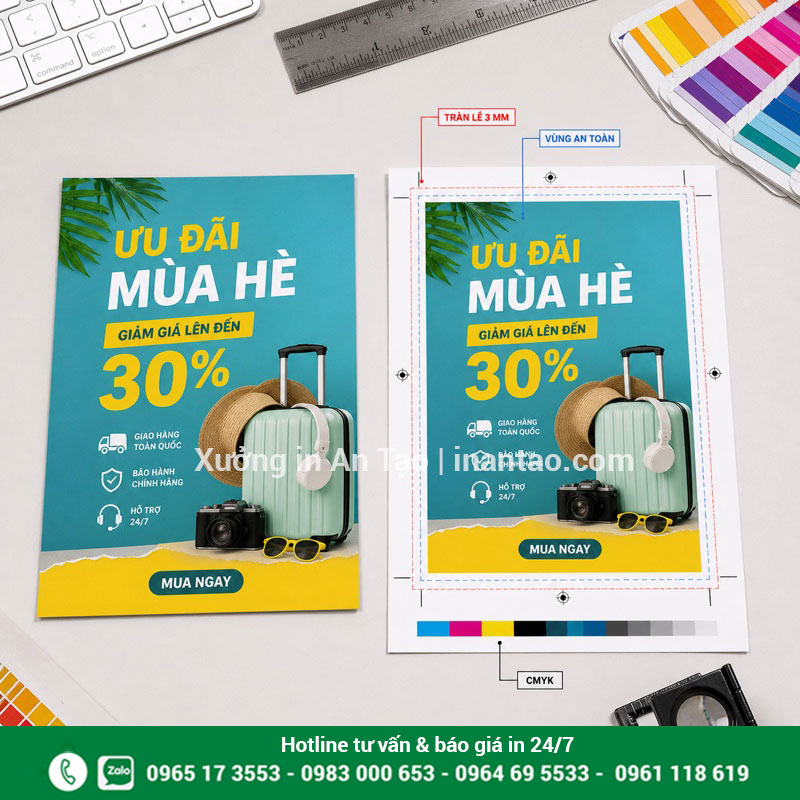 Chuẩn bị file in ấn tờ rơi đúng kỹ thuật Hướng dẫn file in tờ rơi có tràn lề 3 mm vùng an toàn và CMYK