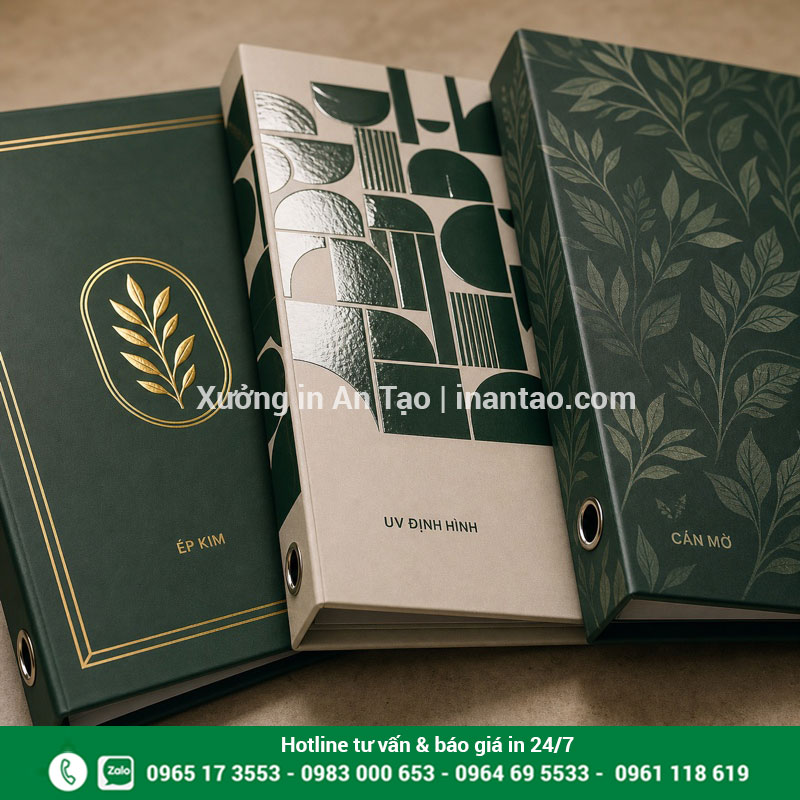 Các kỹ thuật gia công bìa còng cao cấp Mẫu bìa còng gia công ép kim UV định hình và cán mờ
