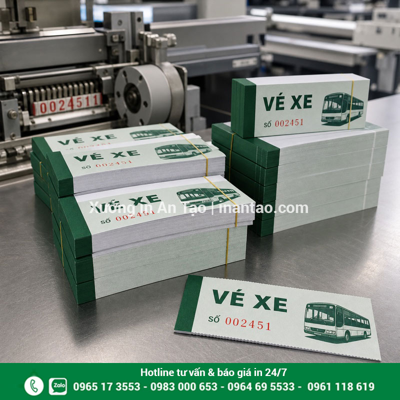 Gia công đóng số nhảy khi in vé xe Các cuốn vé xe sau công đoạn in số nhảy và kiểm tra thành phẩm