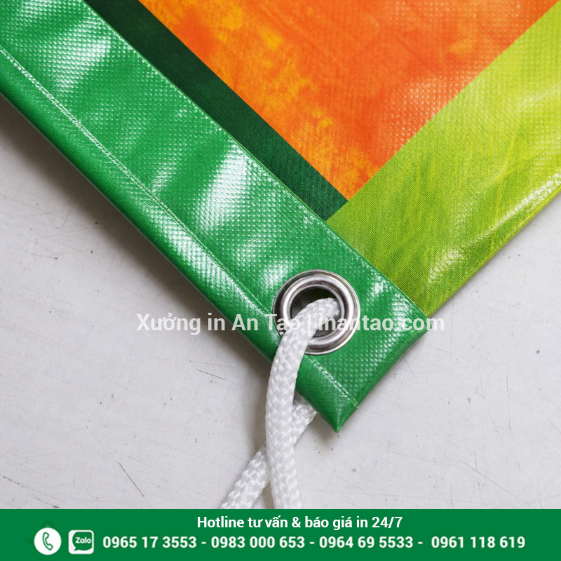 Gia công khoen cho banner Hiflex hoàn thiện Chi tiết gấp biên đóng khoen banner lấy ngay