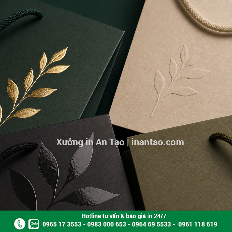 Gia công túi giấy cao cấp sau in Chi tiết ép kim, dập nổi, phủ UV và cán mờ trên túi giấy