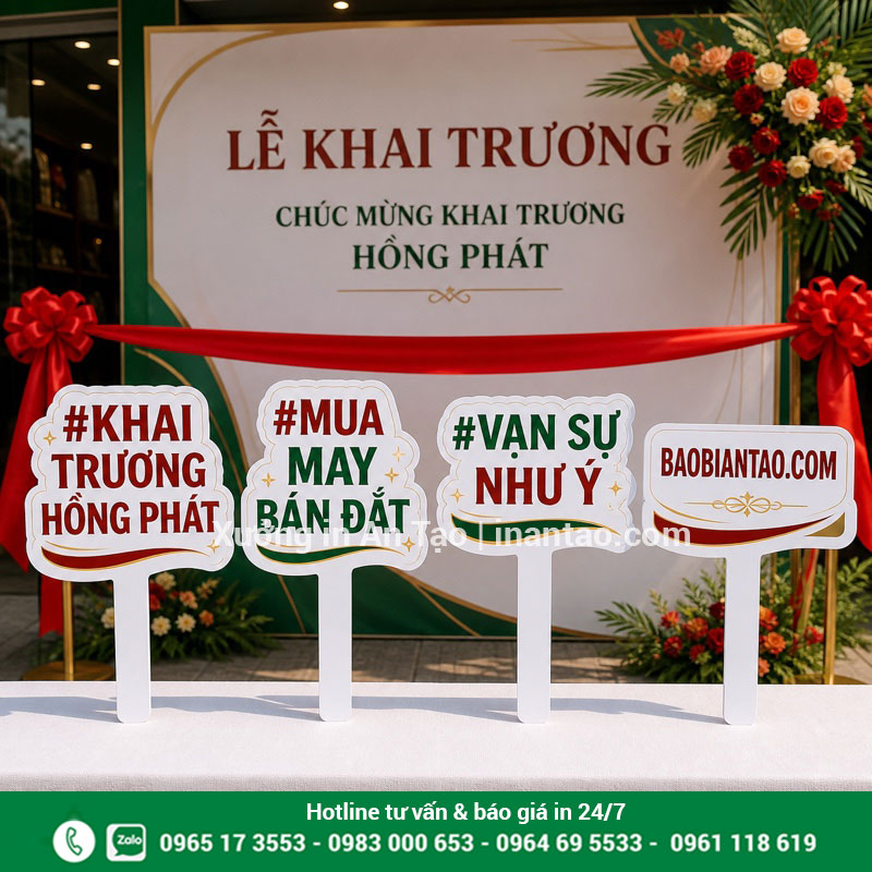 Mẫu hashtag cầm tay khai trương đẹp để check-in Hashtag cầm tay khai trương in màu đỏ xanh hoàn chỉnh