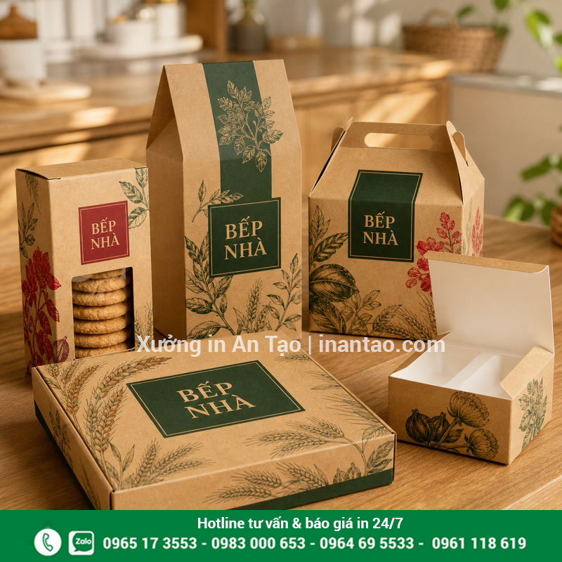 Hộp giấy kraft in theo yêu cầu cho thực phẩm khô Bộ hộp giấy kraft đựng bánh và trà được in thiết kế hoàn chỉnh