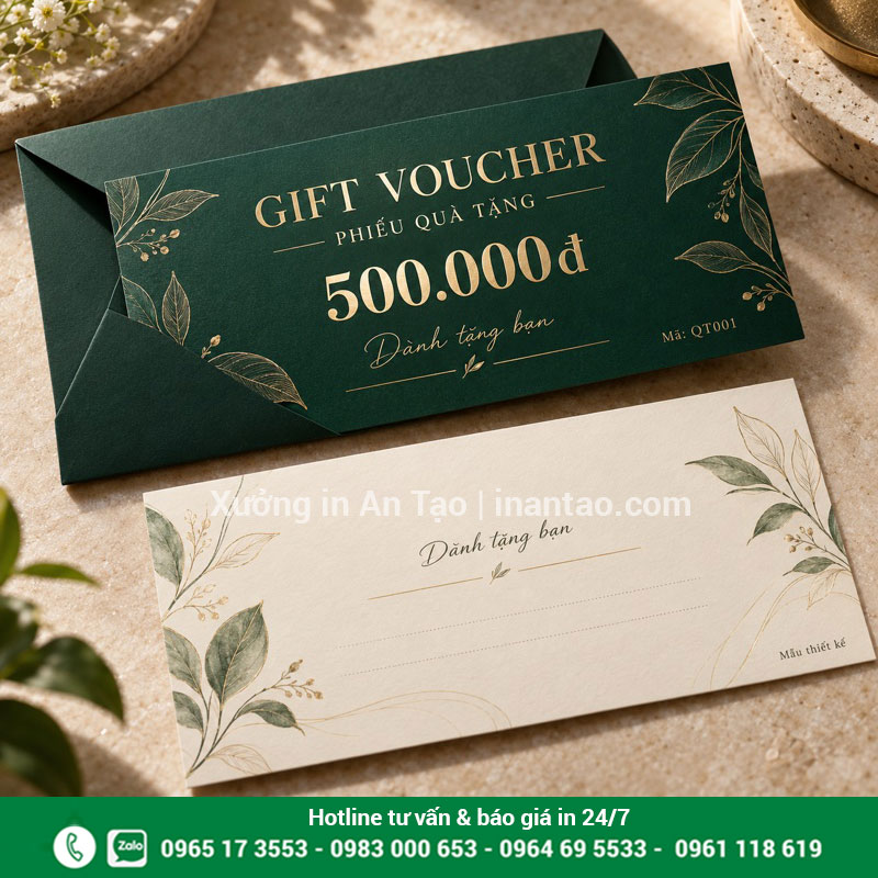 Gift voucher và bao thư cho bộ quà tặng Phiếu quà tặng 500.000 đồng màu xanh đi cùng bao thư đồng bộ