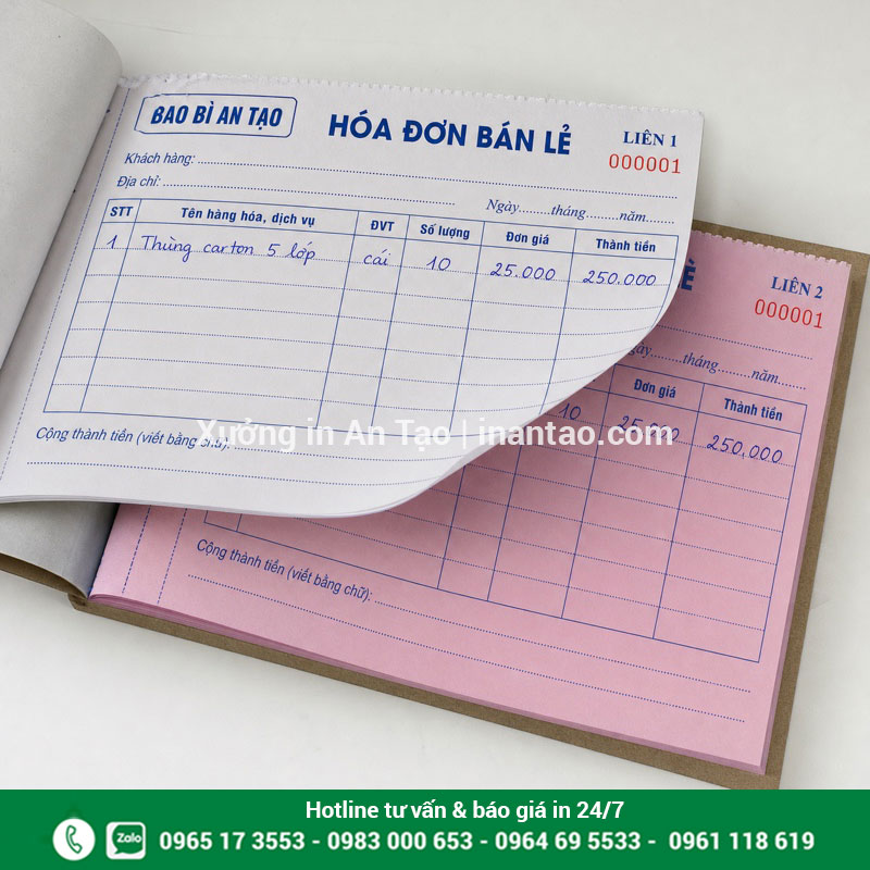 In hóa đơn bán lẻ 2 liên viết một lần có bản sao Cấu tạo in hóa đơn bán lẻ 2 liên trắng hồng carbonless