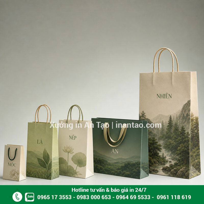 Kích thước in túi giấy theo yêu cầu Các kích thước túi giấy theo yêu cầu từ mini đến cỡ lớn