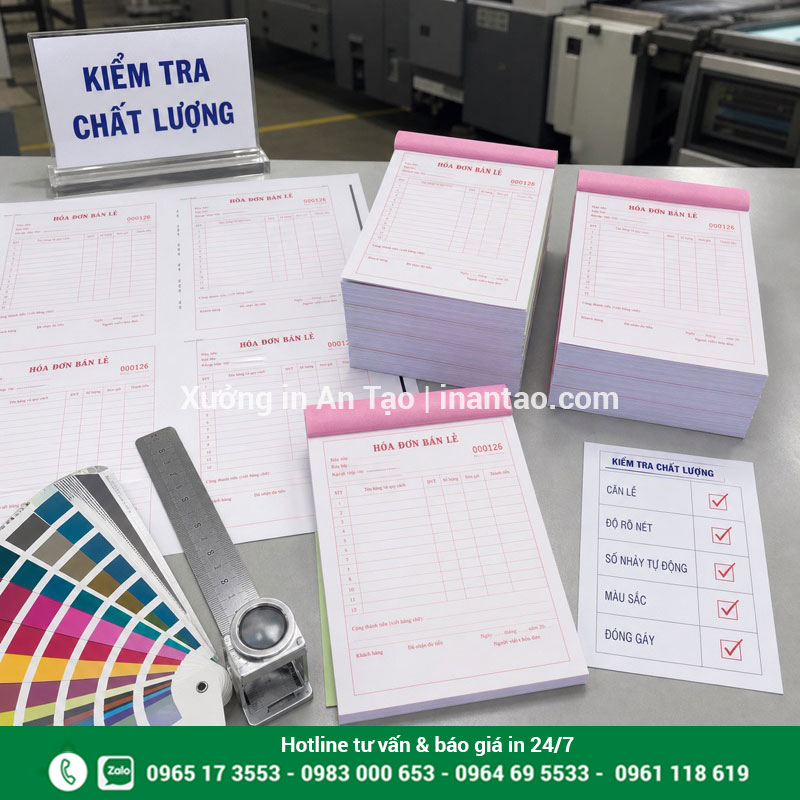 Kiểm tra chất lượng in hóa đơn trước đóng gói Kiểm tra chất lượng màu số nhảy và canh lề khi in hóa đơn