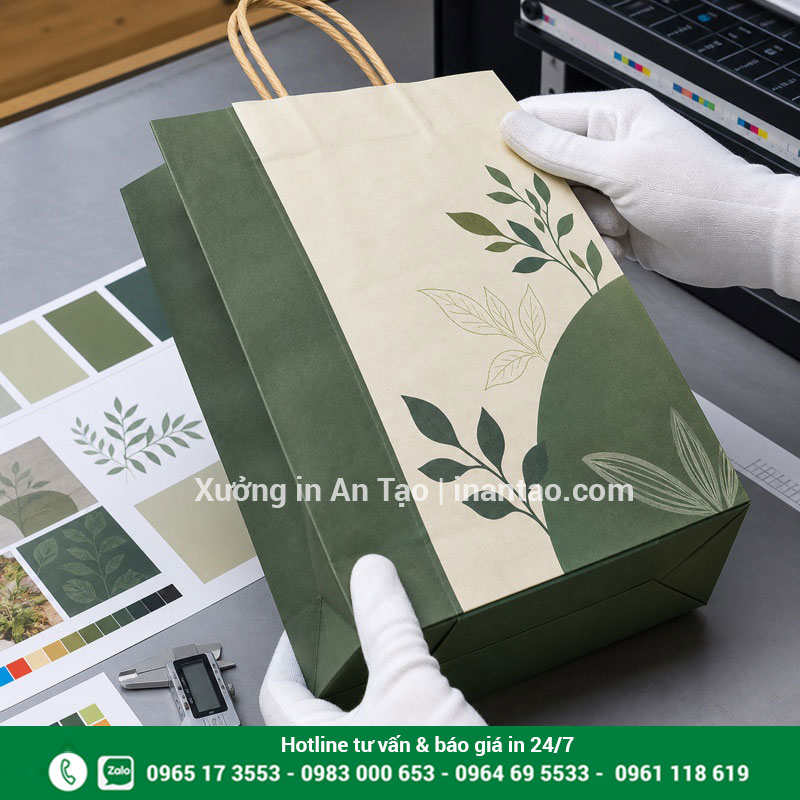 Kiểm tra chất lượng túi giấy thành phẩm Kiểm tra màu in, nếp gấp, đáy và quai túi giấy trước bàn giao