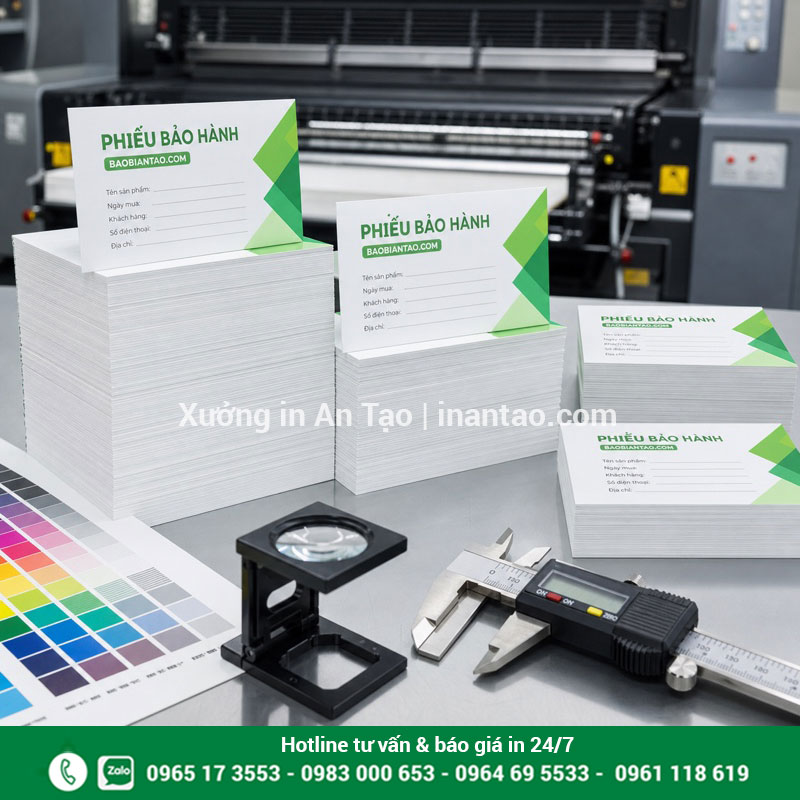 Kiểm tra chất lượng phiếu bảo hành thành phẩm Kiểm tra màu sắc kích thước và mép cắt phiếu bảo hành