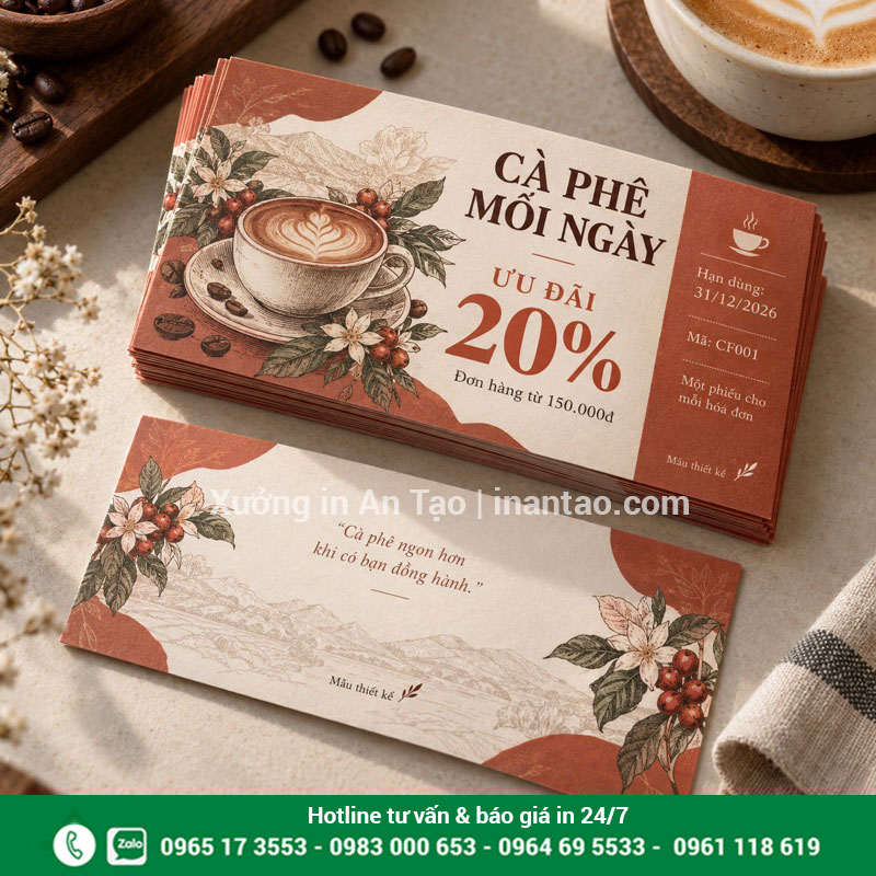Mẫu voucher khuyến mãi cho quán cà phê Mẫu voucher cà phê ưu đãi 20 phần trăm có điều kiện đơn hàng và hạn sử dụng