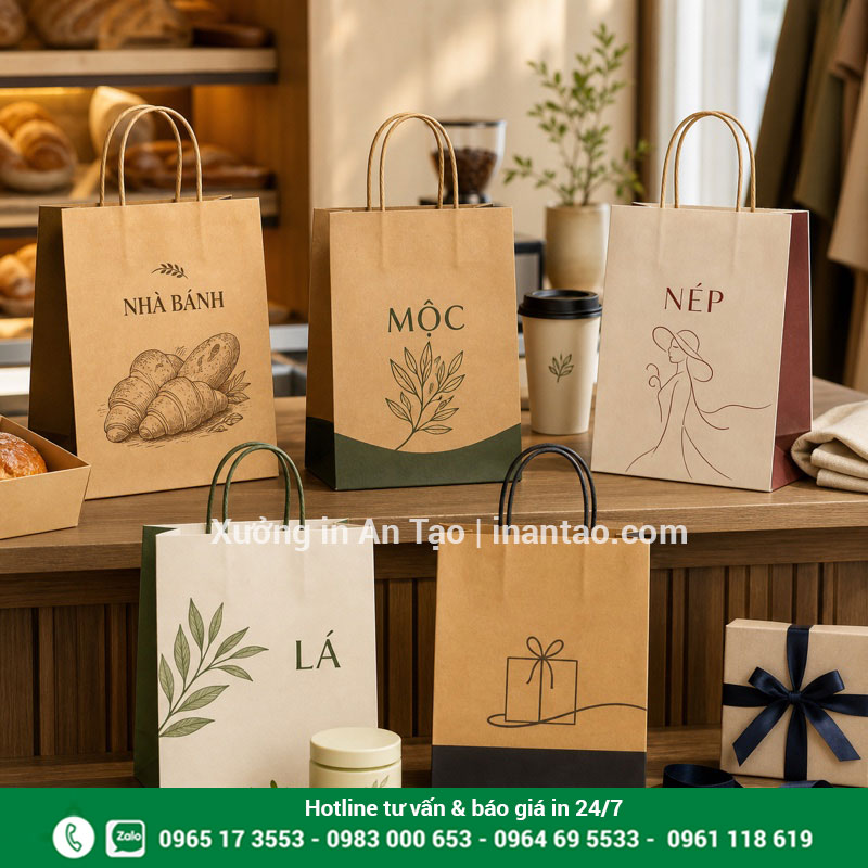 Mẫu in túi giấy đẹp theo từng ngành hàng Mẫu túi giấy cho tiệm bánh, cà phê, thời trang, mỹ phẩm và quà tặng