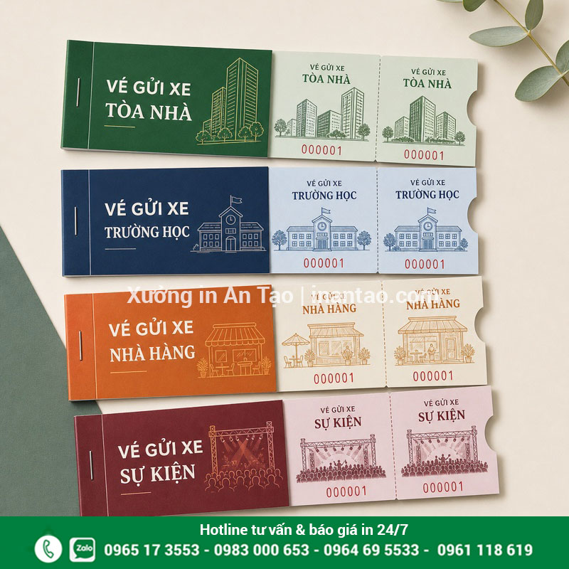 Mẫu in vé gửi xe theo từng mô hình sử dụng Bộ mẫu vé gửi xe cho tòa nhà, trường học, nhà hàng và sự kiện