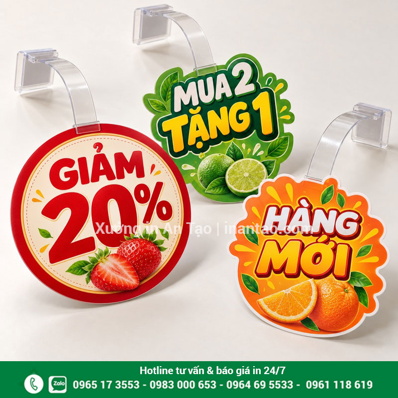 Mẫu wobbler quảng cáo in hoàn chỉnh Mẫu wobbler mặt tròn và bế hình với nội dung ưu đãi, gắn thân nhựa trong