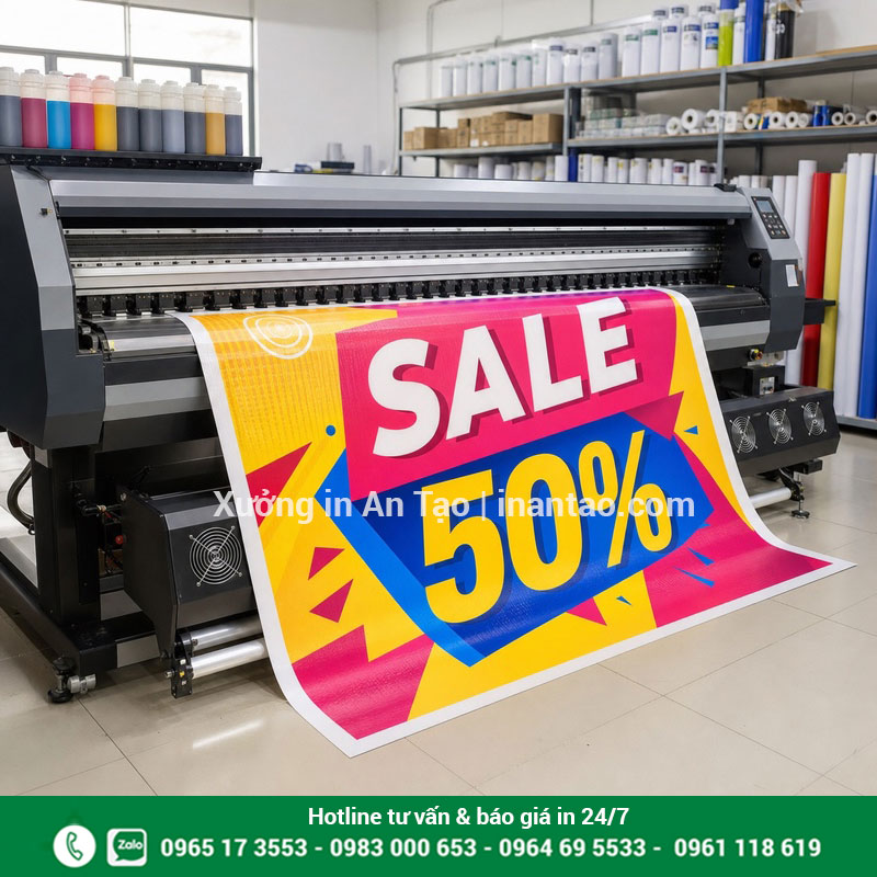 Quy trình in banner khổ lớn tại xưởng Máy in banner khổ lớn đang sản xuất banner quảng cáo
