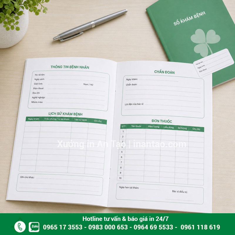 Thiết kế ruột sổ khám bệnh rõ ràng dễ ghi Ruột sổ khám bệnh có bảng thông tin bệnh nhân chẩn đoán và đơn thuốc