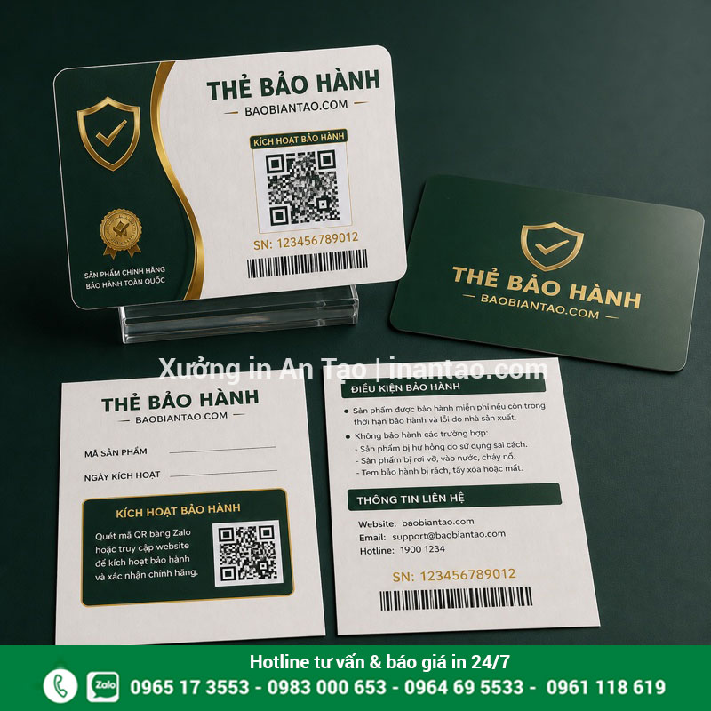 In thẻ bảo hành QR code và dữ liệu biến đổi Thẻ bảo hành in QR code serial và mã vạch theo yêu cầu